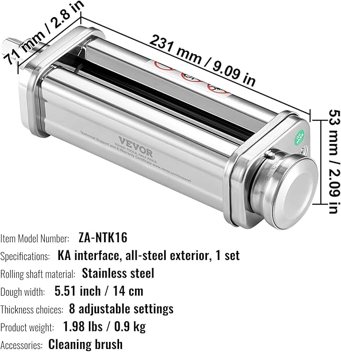 VEVOR Patsa Roller Attchemnt for KitchenAid Stand Mixer, Stainless Steel Pasta Maker Attachment, Pasta Maker Machine Accessory with 8 Adjustable Thickness Knob, KitchenAid Pasta Attachment by VEVOR