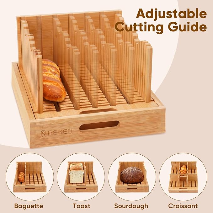 Bread Slicer for Homemade Bread, Adjustable Large Bamboo Sourdough Bread Slicer with Slicing Guide & Crumb Tray, Bread Loaf Cutter for Sourdough, Cakes & Bagels – Baking Gift