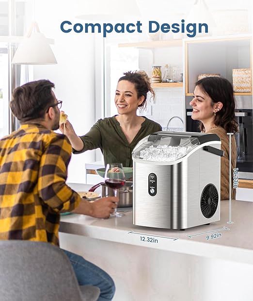 Antarctic Star Nugget Ice Maker Countertop with Handle, Stainless Steel, 35Lbs/24Hrs,7 Mins Ice Making, Pellet Ice Maker with Ice Basket/Ice Scoop for Home/Bar/Party/Office