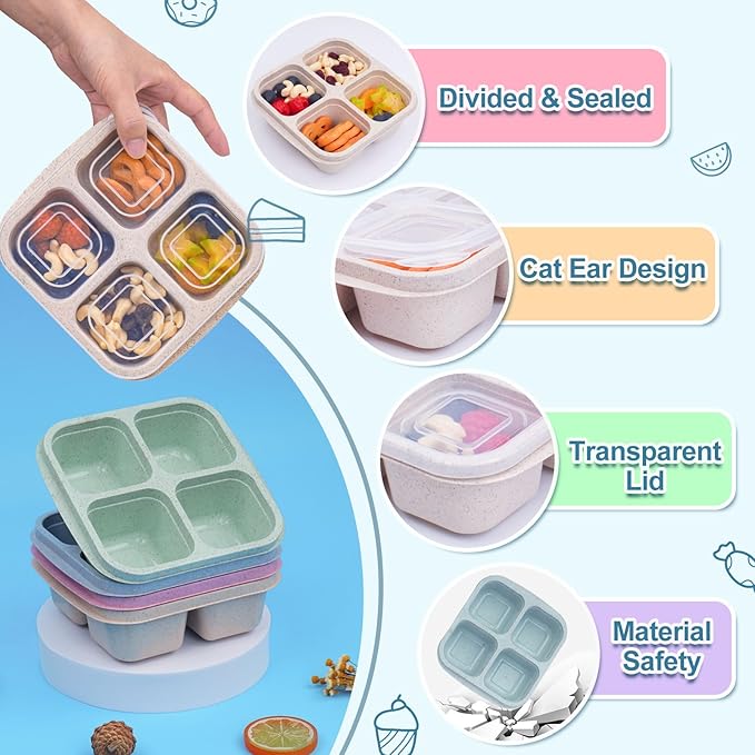 LCHLZZ 4 Pack Snack Box Containers, 4 Compartment Reusable Snack Containers with Lids, Microwave Dishwasher Safe, Divided Food Storage Lunchable Container for Work Travel (Green)