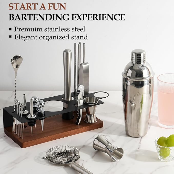 23-Piece Bartender Kit, Cocktail Shaker Set with Stand | Bar Set Drink Mixer Set with All Essential Bar Tools: Martini Shaker,Bar Mixer Spoon, Jigger, Strainer, Muddler, Pourers, for Home, Bar, Party