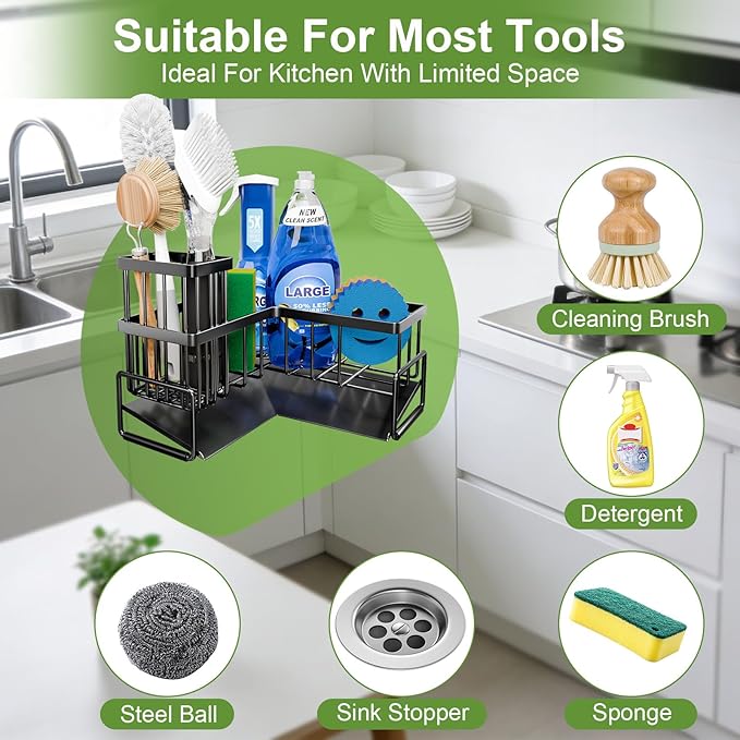 Large Sponge Holder for Kitchen Sink, 90-Degree Sink Caddy Organizer with Dish Brush Holder for Countertop Corner Storage Rack, Metal L-Shaped Kitchen Sink Sponge Soap Organizer Storage Ideas