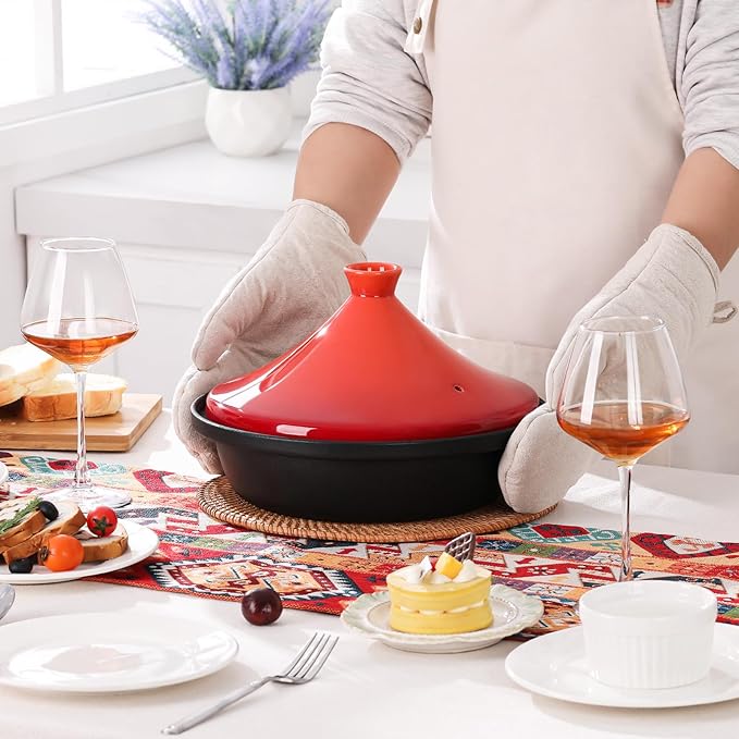 Moroccan Tagine for Cooking: Enameled Cast Iron Cooking Pot, Slow Cooker, Classic Kitchen Cookware, Tajine with Ceramic Cone-Shaped Closed Lid, 3.3 QT, Orange