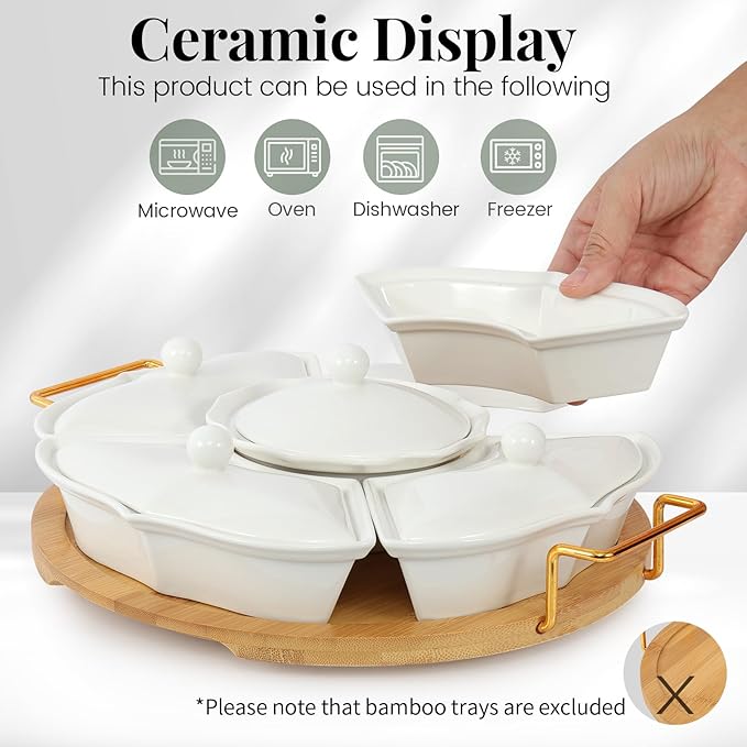 PLAPITATE Party Serving Trays and Platters, Ceramic Lazy Susan Serving Tray with Divided Sections Appetizer Rotating Serving Tray for Fruits, Veggies, Chips and Dip Serving Set