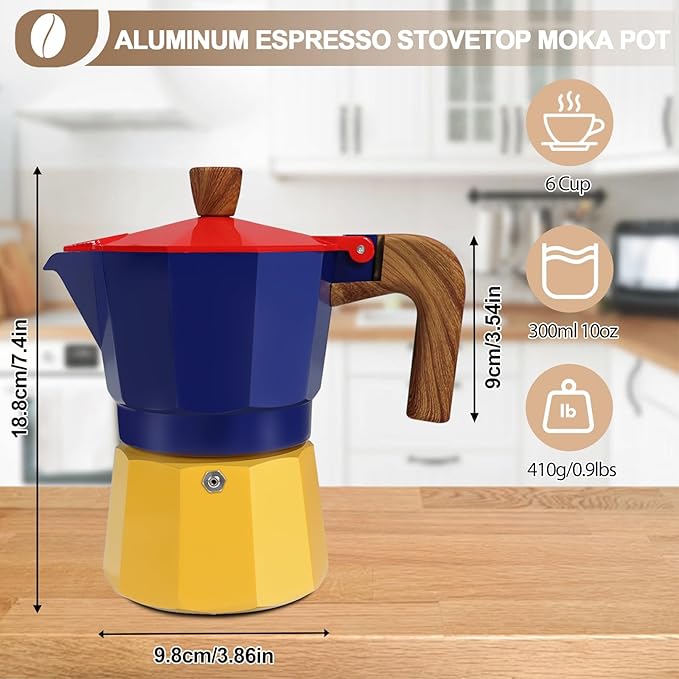 Aluminum 6 Cup 300ml Moka Pot Express Coffee Maker Stovetop Espresso Colorful Coffeemaker Italian Classic Style Brewing Greca Cafe Mocha Machine for Cafeteras Lover Camping Travel and Home Use 10oz