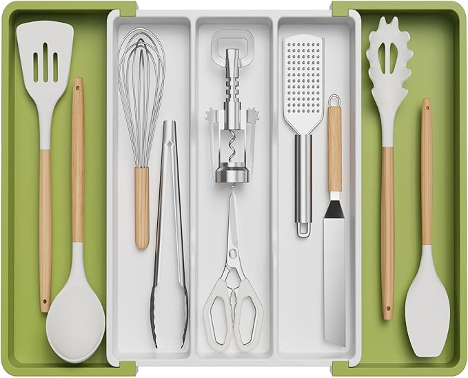 Lifewit Utensil Organizer for Kitchen Drawers, Expandable Cooking Utensil Tray, Adjustable Cutlery Silverware Flatware Holder, Plastic Spatula Tools and Gadgets Storage Divider