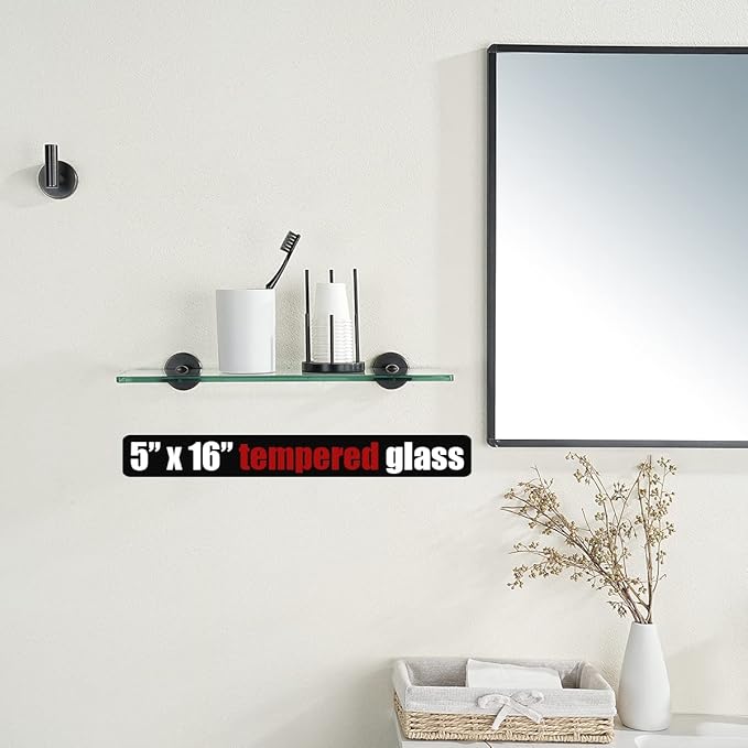 JQK Bathroom Glass Shelf Oil Rubbed Bronze, Tempered Glass Shower Storage 16 by 5 inches, 304 Stainless Steel ORB Wall Mount 2 Pack, TGS101L16-ORB-P2