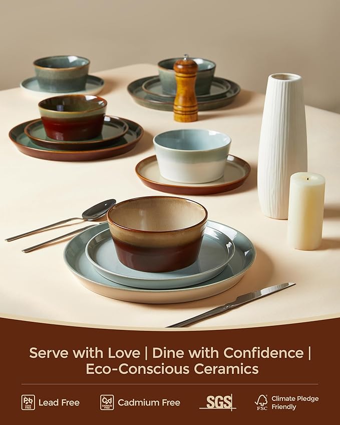 Pokini Dinnerware Set for 4, Ceramic Dish Sets, Plate and Bowl Set, Microwave & Dishwasher Safe Dishware Set, Chip & Scratch Resistant Dinner Set, No Two Are Alike, Amber Brown