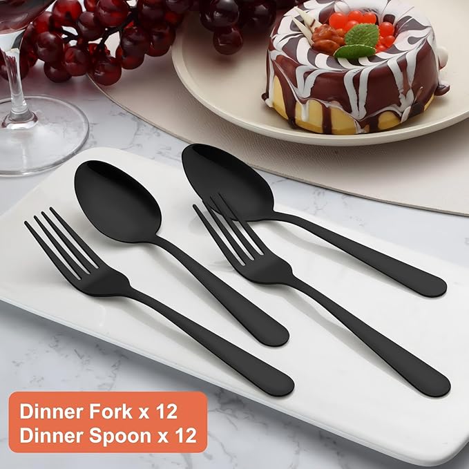 Unokit 24-Piece Forks and Spoons Silverware Set - Forks and Spoons Food Grade Stainless Steel Silverware for Home, Kitchen and Restaurant, 12-Fork and 12-Spoon, Mirror Polished&Dishwasher Safe, Black