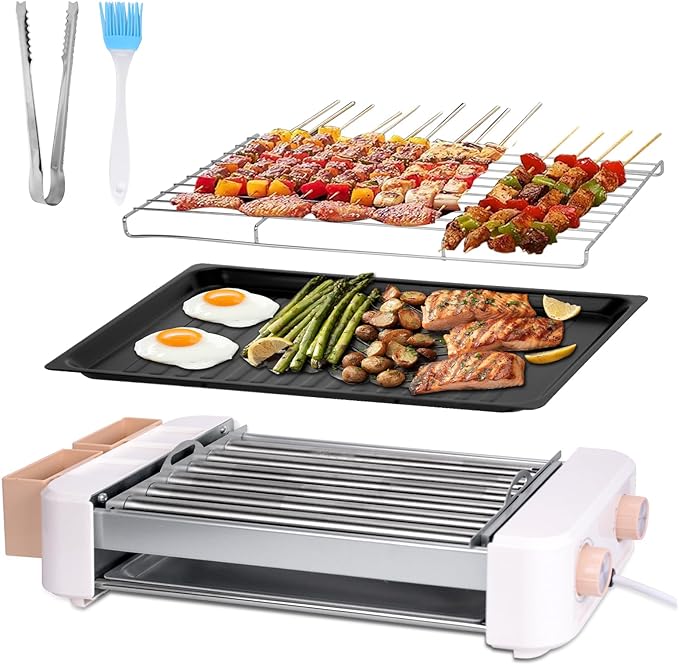 Electric Hot Dog Roller 6 Rollers - 3 in 1 Indoor Grills Portable with Non-stick & Smokeless Removable Grill & BBQ Griddle Plate,Stainless Sausage Grill Cooker Machine, for Family party Use