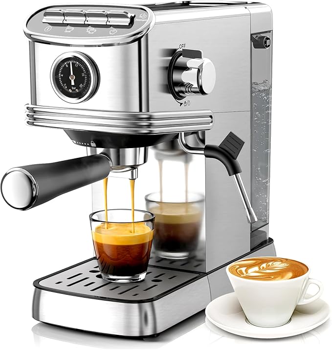 Kndko Espresso Machine, 20 Bar Espresso Maker with Milk Frother Steam Wand, with 45 OZ Removable Water Tank, Latte & Cappuccino Machine for Home, Office, Stainless Steel Color