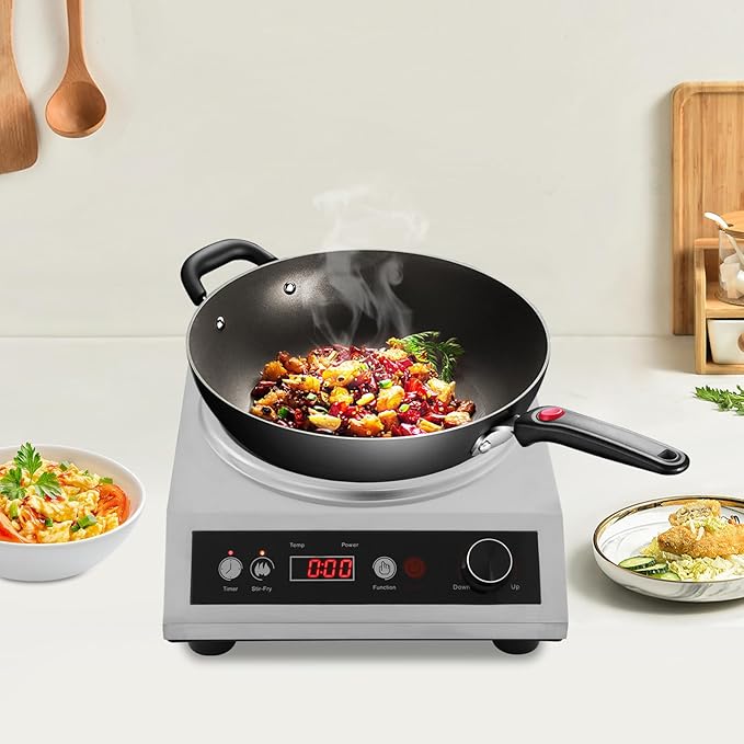 1800W Electric Wok Used For Home And Commercial,Induction Wok With Concave Surface Stainless Steel Strong Power Dual Control Mode 10 Power And Temp 24H Timer Induction Cooktop For Cooking