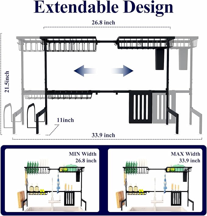 Kitsure Over The Sink Dish Drying Rack - 30.0" to 33.9" x 21.5", Adjustable Sink Drying Rack for Kitchen Sink with Multifunctional Baskets, Black
