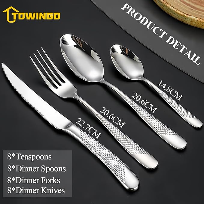 Flatware Set for 8 Persons, 32 Piece Stainless Steel Steak Knife Silverware Set Including Forks and Spoons for Home, Restaurant, Wedding, Party