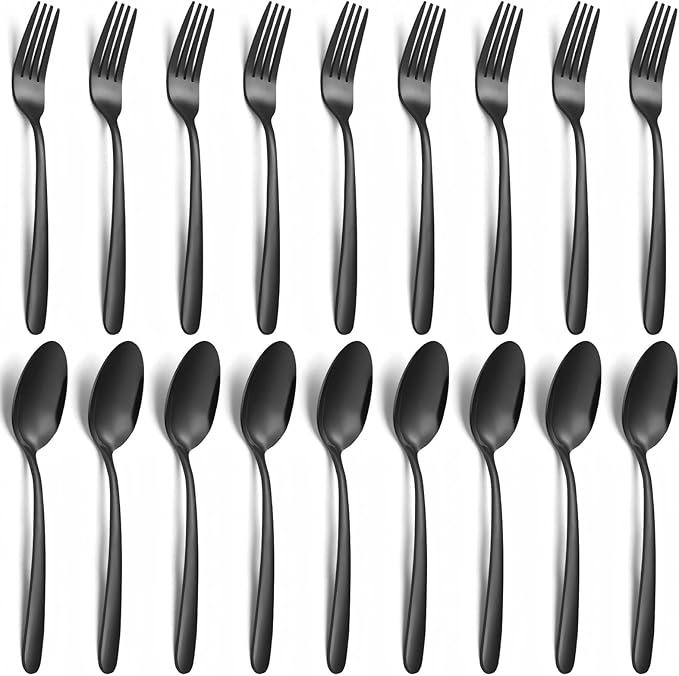 Unokit 24-Piece Forks and Spoons Silverware Set - Forks and Spoons Food Grade Stainless Steel Silverware for Home, Kitchen and Restaurant, 12-Fork and 12-Spoon, Mirror Polished&Dishwasher Safe, Black