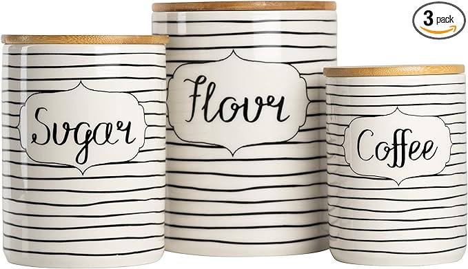 10 Strawberry Street Labeled Ceramic Kitchen Canister Set, Set of 3, Coffee Sugar Flour, White/Black, Bamboo Lids