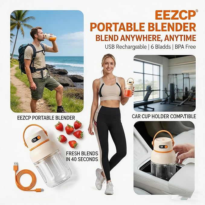 Portable Electric Juicer Cup with Zero Cord Hassle, USB-C Rechargeable, 36 Stainless Steel Blades, 18000 RPM Motor, Leakproof for Shakes,Smoothies,Travel,Gym,Office Outdoor (1000ML)
