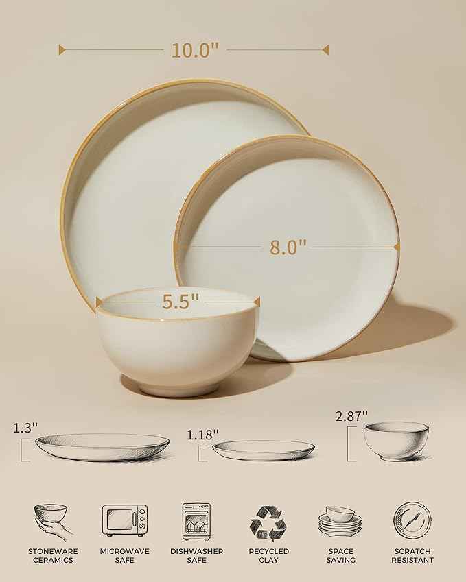 Plates and Bowls Sets for 8, 24 Piece Dinnerware Set for Large Families & Entertaining, Elegant Design, Dishwasher & Microwave Safe, Chip Resistant and Durable, Yellow White