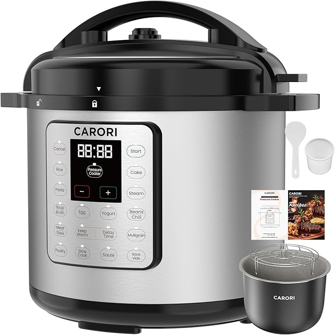 8Qt 12-in-1 Electric Pressure Cooker, 1200W Stainless Steel Multi-Cooker, Slow Cook, Rice Cook, Steamer, Sauté, Yogurt Maker, Warmer & Sterilizer, Safer Venting Design with Recipe Book, Silver