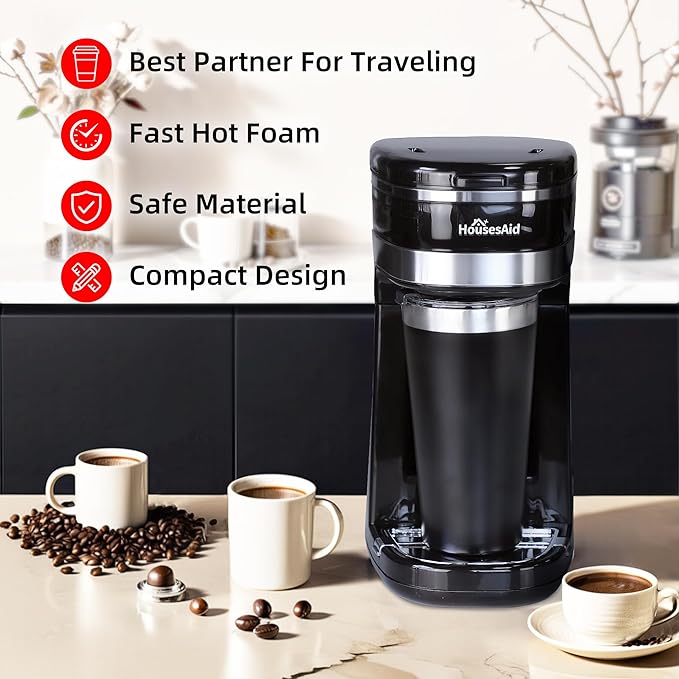 Coffee Machine,Single Serve Coffee Maker,One Cup Coffee Maker with Reusable Filter&One-touch Control Button,Portable Brewer for Camping,Travel&Home,Easy To Clean& Store,15oz/450ml,Black