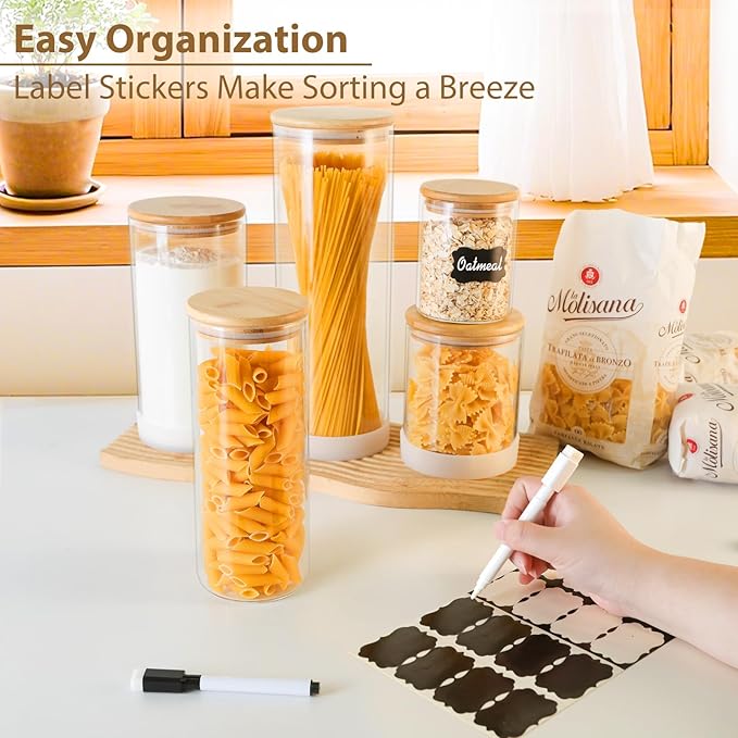 TBWIND 34oz Round Glass Storage Containers with Bamboo Lids – 6 Pack Medium Clear Food Airtight Glass Jars for Pantry Organizers and Storage, Kitchen Dry Food, Flour, Cereal, Coffee Beans & Staples