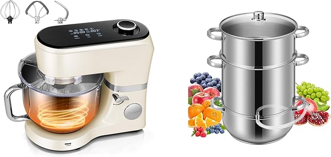 VIVOHOME Stand Mixer with Fermentation, One-Touch Presets, and 6 Qt Bowl, White, and VIVOHOME Stainless Steel Juicer Steamer Pot 11 Qt with Tempered Glass Lid