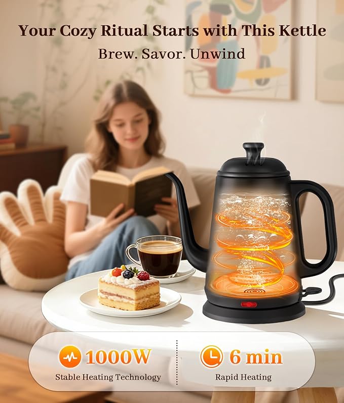Gooseneck Electric Kettle 1L, 1000W Fast Boiling for Pour-Over Coffee & Tea, 304 Stainless Steel BPA-Free, Precise Flow Spout, Auto Shut-Off & Boil-Dry Protection, Retro Style (Black)