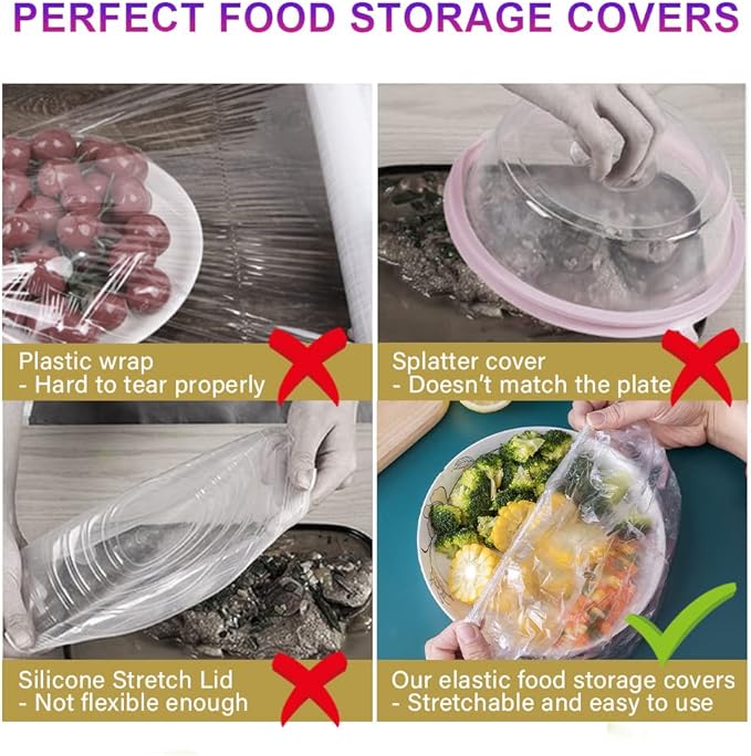 200PCS Plastic Elastic Bowl Covers Reusable,Food Storage Covers with Elastic Bowl Covers for Leftover, Plastic Covers for Bowls Fresh Keeping Bags for Family Outdoor Picnic (Regular)