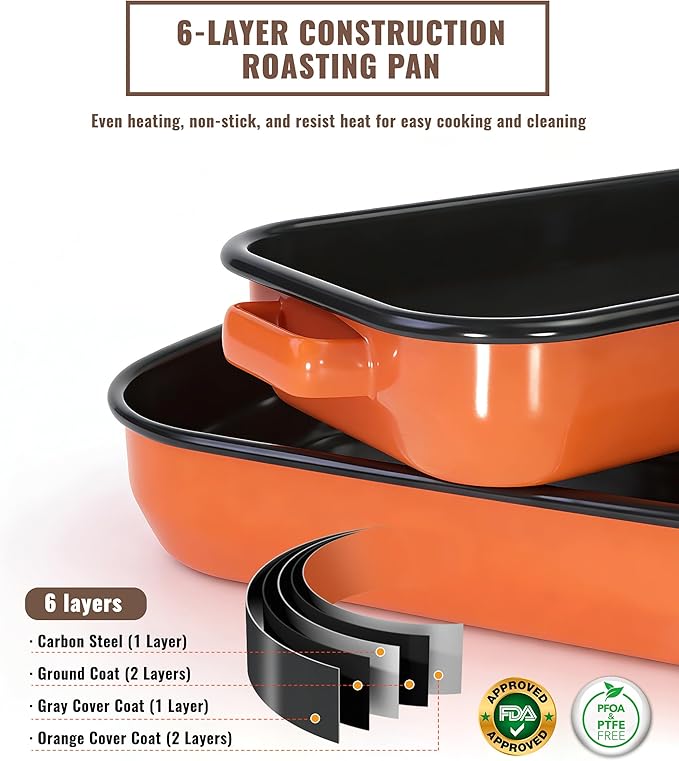 Roasting Pan for Oven with Rack 6-Piece Rectangular Lasagna Baking Dish Set 14&17 Inch, High Temperature Resistance Oven Dishwasher Safe Non-Stick Turkey Ham Roaster Gift for Mom Enamel Bakeware