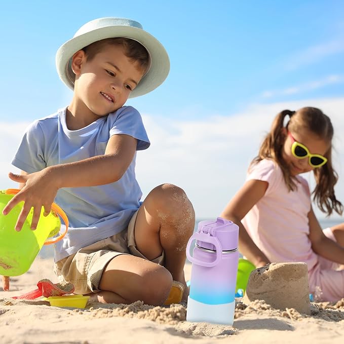 Volhoply 14oz KIds Water Bottle with Straw Lid and Silicone Boot Bulk 2 Pack,Stainless Steel Insulated Cups for Boys & Girls Multipack,Double Wall Vacuum Leakproof Bottles(Mix,2)