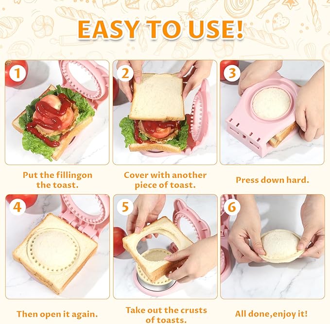 CHICHAUS Uncrustable Sandwich Maker,Sandwiches Pocket Circle Shape 3.7Inch Sandwich Cutter and Sealer,Sandwich Cutter for Kids Breakfast and lunchboxes (Pink)