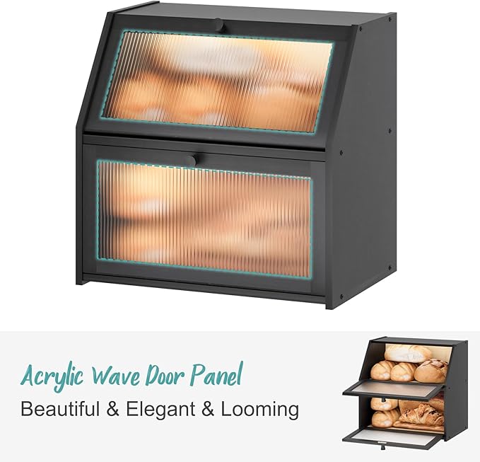 Extra Large Black Bread Box for Kitchen Counter, Large Bamboo Wood Double Layer Bread Box, Wooden Bread Storage Capacity