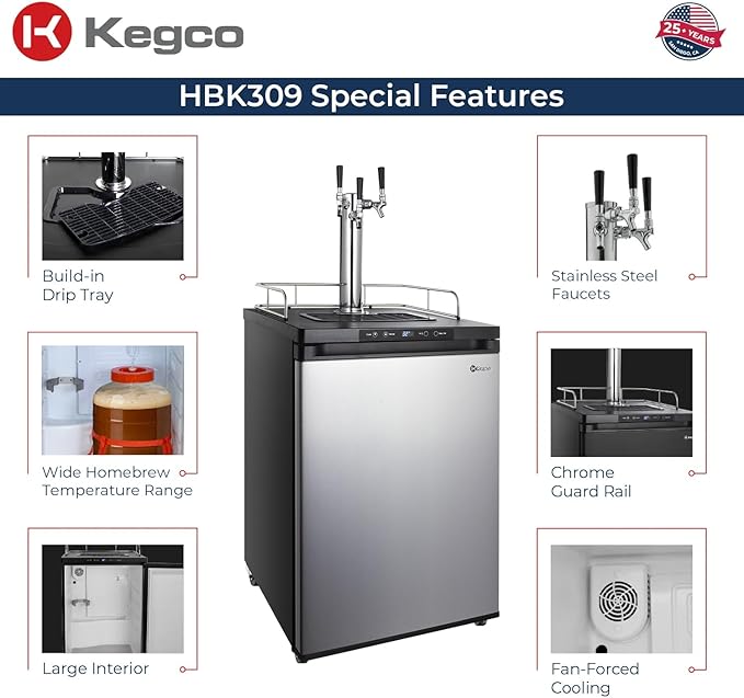 Kegco HBK309S-3 Full-Size Digital Homebrew Kegerator Triple Faucet Ball Lock Keg Dispenser Stainless, Stainless Steel