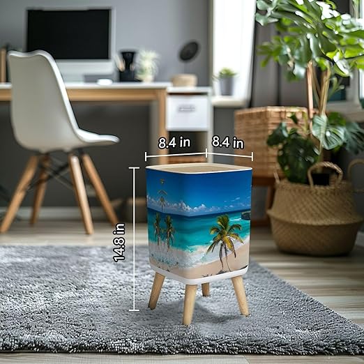 Small Trash Can with Lid Drone Photo Bottom Bay Barbados Wastebasket with Press Cover Dog Proof Garbage Can Waste Bin for Kitchen Bathroom Nursery 2.6 Gallon