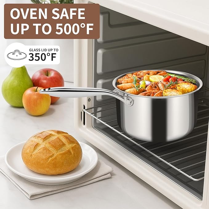 EWFEN 3 Ply Stainless Steel Saucepan with Lid, 2 Quart Multipurpose Cooking Pot, Stay-Cool Handle, Induction Oven Dishwasher Safe, 2 QT