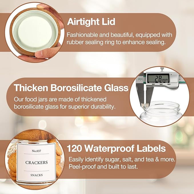 CONNOO 17oz Airtight Glass Spice Jars with Lids (6-Pack) – Includes 120 Pre-Printed Waterproof White Kitchen Labels – Thick Durable Storage for Pantry, Coffee, Sugar & Meal Prep