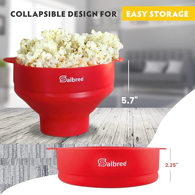 The Original Salbree Collapsible Silicone Microwave Popcorn Popper Maker Machine, Microwavable Bowl Holds 16 Cups, Uses Hot Air and Oil Always Optional - The Most Colors Available (Clear Red)