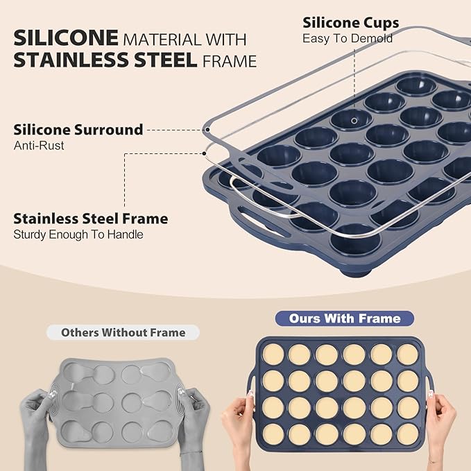 2 Pack Mini Silicone Muffin Pan with Metal Frame, Non Stick Silicone Cupcake Pan with Handles 24 Cup, BPA Free Silicon Muffin Tin Tray Small for baking, egg bites, Cupcake Mold Grey