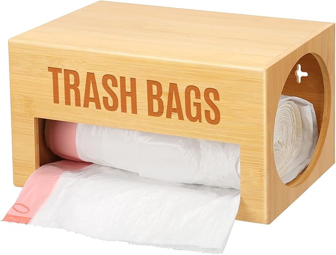 Bamboo Garbage Bag Dispenser Roll Holder - Wall Mount Trash Bag Organizer for 13-33 Gallons, Under Sink Kitchen Grocery Bag Storage Container, Not Suitable for Large Roll
