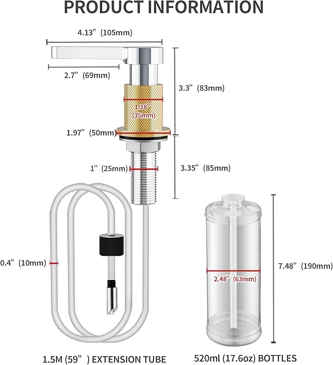 SD-80 All Brass Sink Soap Dispenser for Kitchen Sink Copper Pump Built in Dish Soap Dispenser with 17.6 oz(520ml) Bottle and 59"(1.5m) Extension Tube Kit (Chrome)