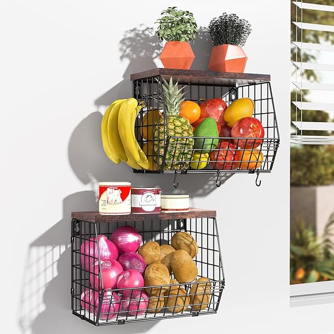 Wawocs Fruit Basket for Kitchen Counter 2 Tier Fruit Bowl, Stackable Wall Mounted Hanging Fruit Basket Wire Baskets with Wood Lid with 4 Banana Hanger Hooks, Onion Basket, Fruit and Vegetable Storage