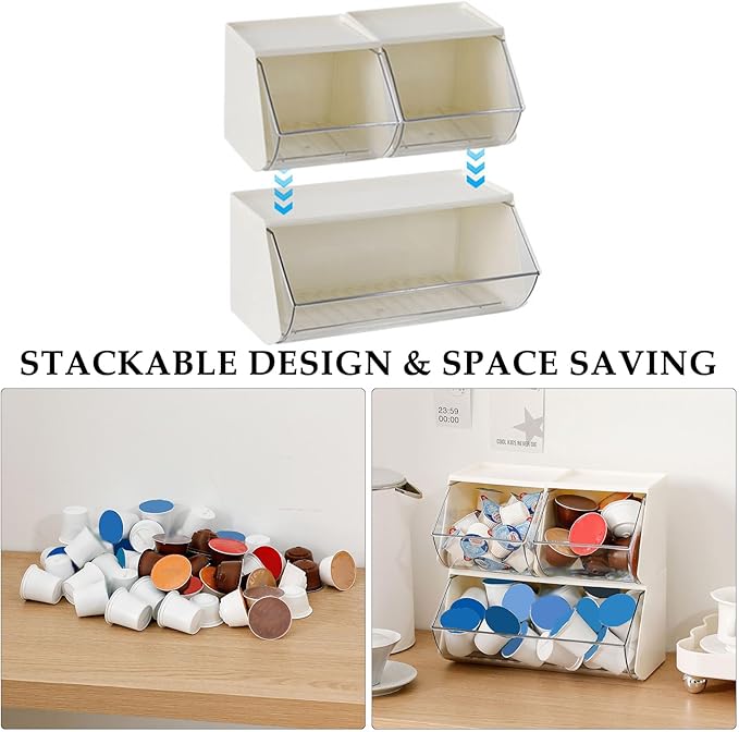 3 Pack Coffee Pod Basket for Kitchen Counter, Plastic Storage Organizer Box for Office Desk, Large Tea Bags Holder ( Cream / Clear )