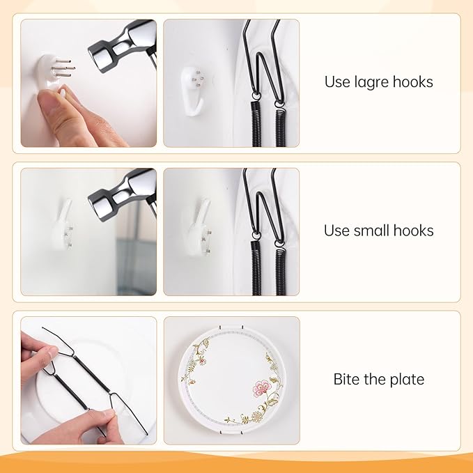 Bilillo 3-Piece Stainless Steel Wall Plate Hangers, 10/12/14 Inch Invisible Decorative Wire Plate Holders with 3 Pieces Wall Hooks for 8 to 16 Inch (Black)