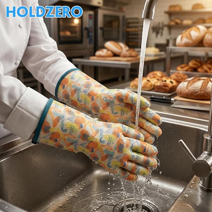 Heat Resistant Gloves for Cooking Thickened Silicone Coating Cotton Liner Waterproof Food Grade Graffiti-Art Printing Medium