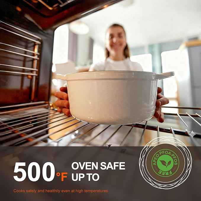 Overmont Enameled Cast Iron Dutch Oven - 5.5QT Pot with Lid Cookbook & Cotton Potholders - Heavy-Duty Cookware for Braising, Stews, Roasting, Bread Baking White