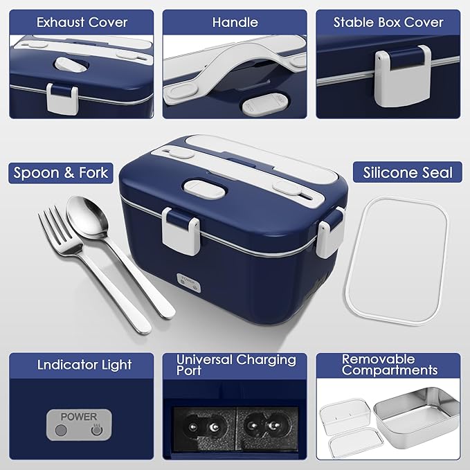 COZYEXPERT 100W Electric Lunch Box Food Heated 12V 24V 110V Fast Food Warmer Heater for Car/Truck/Home Portable Food Heating Boxes with 1.8L 304 SS Container 0.45L Compartment(Royal Blue+White)
