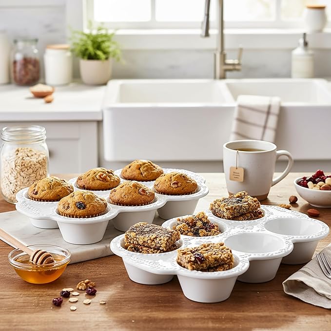 Hiceeden 2 Pack 6-Cup Ceramic Muffin Pan, Nonstick Cupcake Baking Pans with Handle, Ceramic Muffin Tin with Embossed Pattern for Muffin, Cupcake, White