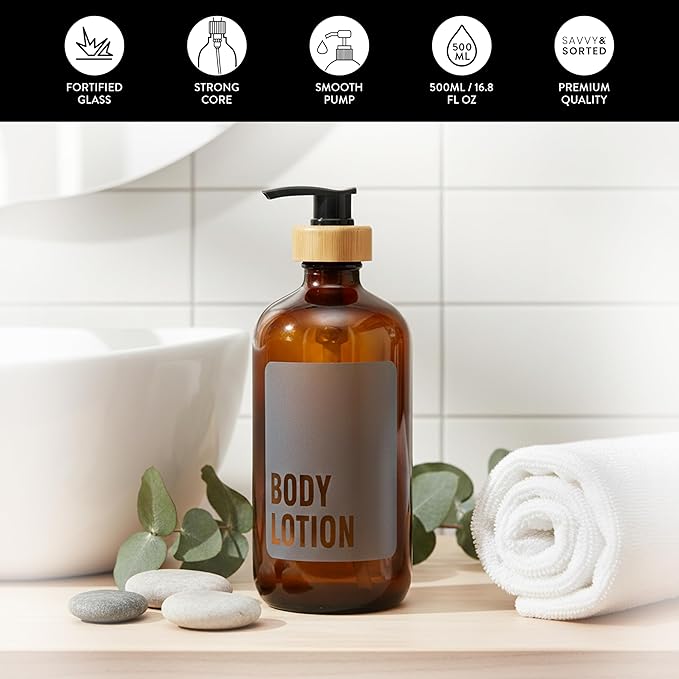 SAVVY & SORTED Amber Glass Body Lotion Dispenser with Pump, Soap Dispenser Bathroom Set, Refillable Glass Lotion Bottle with Label, Matching Soap and Lotion Dispenser Set Available, 17 Fl Oz / 500 ml