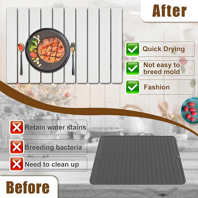 Large Stone Dish Drying Mat for Kitchen Counter, 24"×16" Quick Dry Collapsible Diatomaceous Earth Mat – Super Absorbent Foldable Drying Pad for Dishes (White, 23.2" x 15.4")