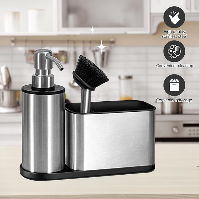 Kitchen Dish Soap Dispensers, Bathroom Soap Dispensers with Storage and Brush, Stainless Steel Sink Organizer with Caddy, Sponge Holder for Countertop Kitchen Bathroom